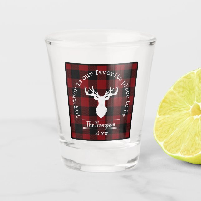 Red and Black Buffalo Plaid Family Name Shot Glass (Front)