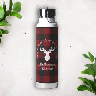 Red and Black Buffalo Plaid Family Name Water Bottle