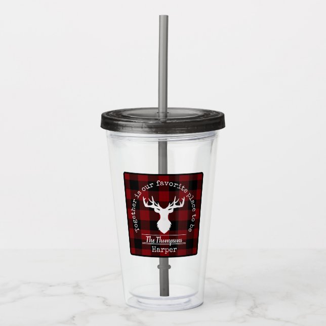 Red and Black Buffalo Plaid Family Party Acrylic Tumbler (Front)