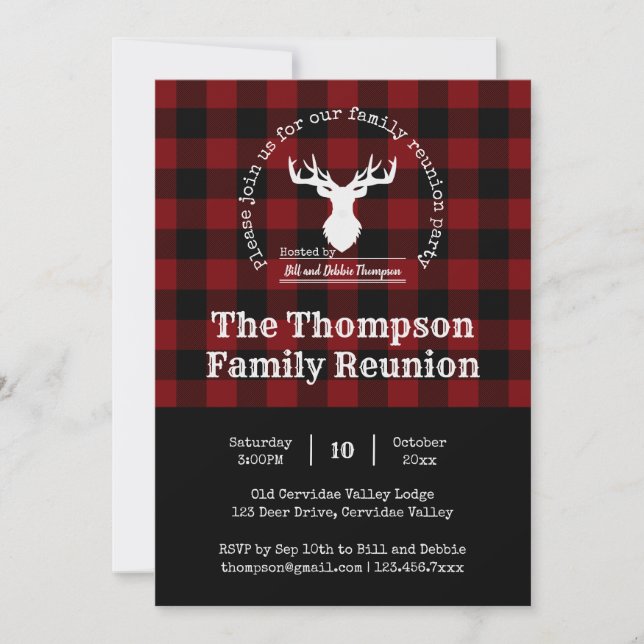 Red and Black Buffalo Plaid Family Reunion Party Invitation (Front)