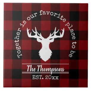 Red and Black Buffalo Plaid Farmhouse Family Name Tile