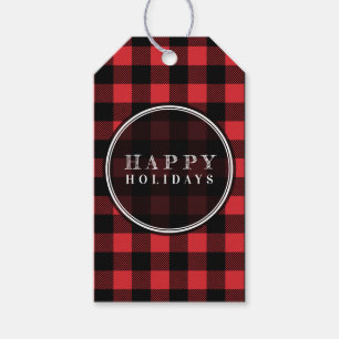 Red and Black Buffalo Plaid Happy Holidays Gift Tags