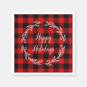 Red and Black Buffalo Plaid Happy Holidays Napkin