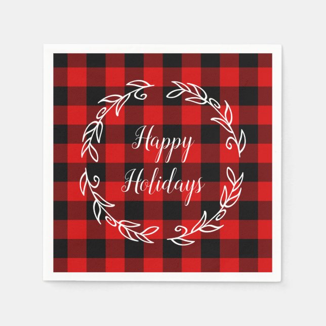 Red and Black Buffalo Plaid Happy Holidays Napkin (Front)