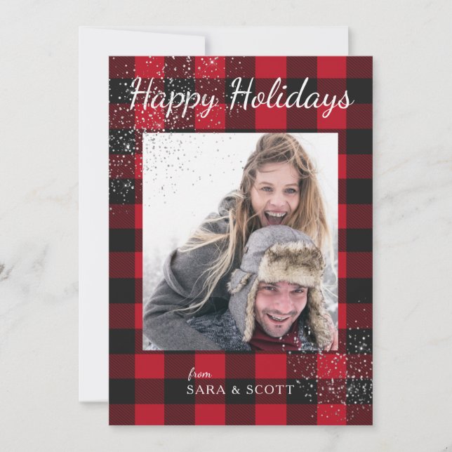 Red and Black Buffalo Plaid Happy Holidays Photo Holiday Card (Front)