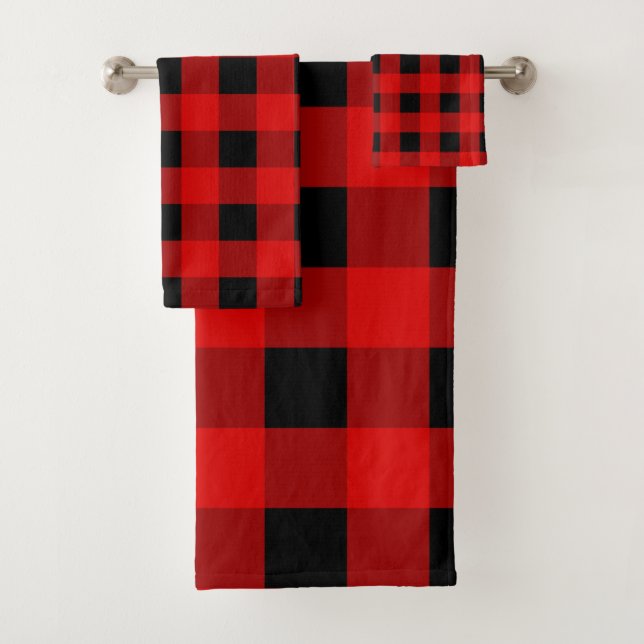 Red and Black Buffalo Plaid Holiday gingham        Bath Towel Set (Insitu)