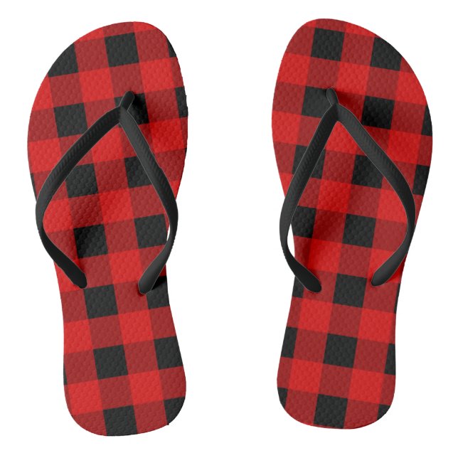 Red and Black Buffalo Plaid Holiday gingham  Flip Flops (Footbed)