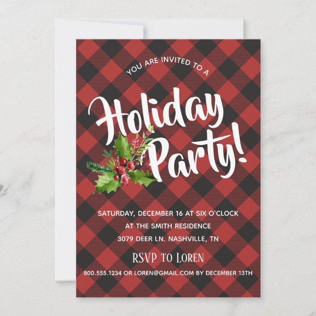 Red and Black Buffalo Plaid  Holiday Party Invite (Front)