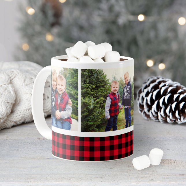 Red and Black Buffalo Plaid Holiday Photo Collage Coffee Mug (Creator Uploaded)