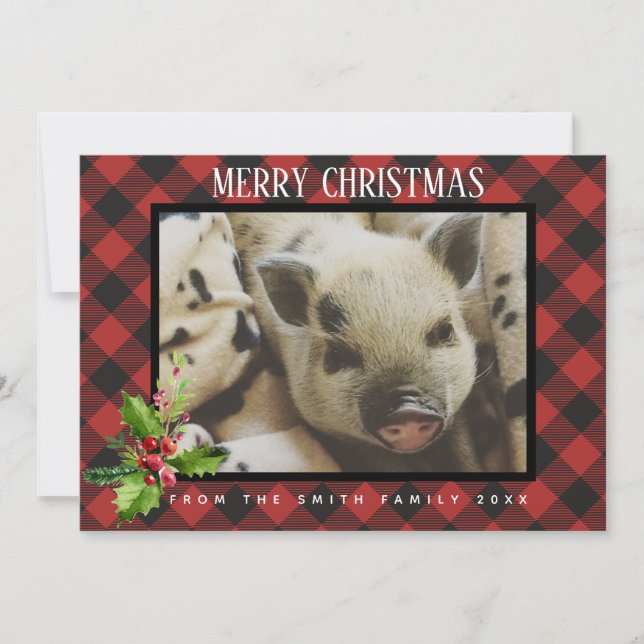Red and Black Buffalo Plaid Holidays Photo Card (Front)