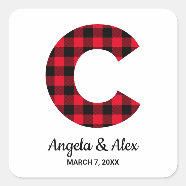 Red and Black Buffalo Plaid Monogram C Square Sticker (Front)