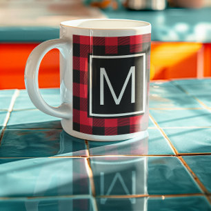 Red and Black Buffalo Plaid Monogrammed Coffee Mug