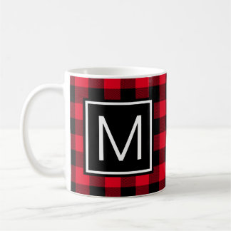 Red and Black Buffalo Plaid Monogrammed Coffee Mug