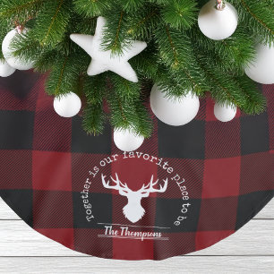 Red and Black Buffalo Plaid Reindeer Family Name Brushed Polyester Tree Skirt