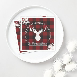 Red and Black Buffalo Plaid Reindeer Family Name Napkin