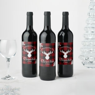 Red and Black Buffalo Plaid Reindeer Family Name Wine Label