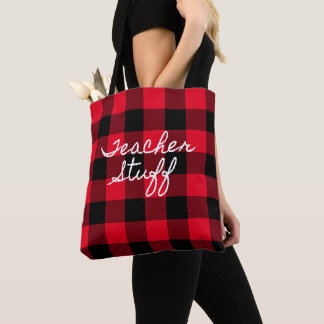 Red and Black Buffalo Plaid Teacher Stuff Tote Bag