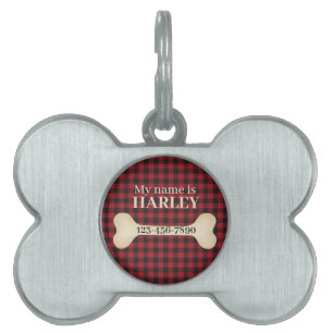 Red and Black Buffalo Plaid with Dog Bone Pet ID Tag