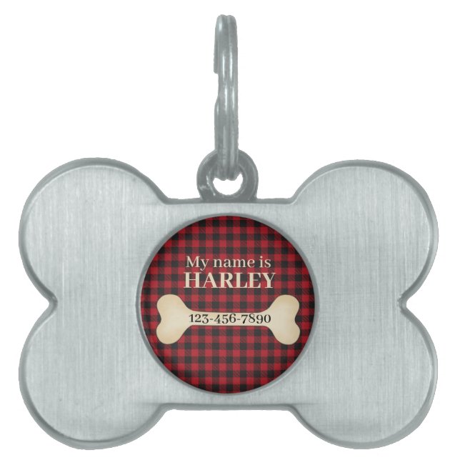 Red and Black Buffalo Plaid with Dog Bone  Pet ID Tag (Front)