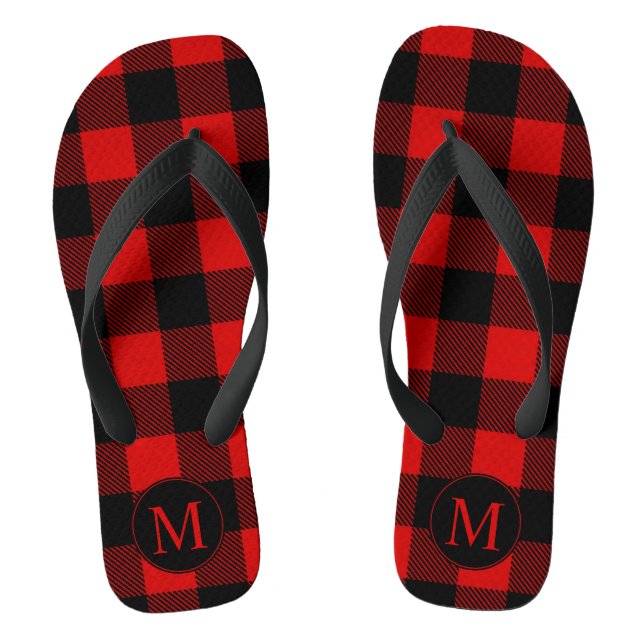 Red and Black Buffalo Plaid with Monogram Flip Flops (Footbed)