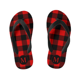 Red and Black Buffalo Plaid with Monogram Kid's Flip Flops