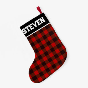 Red and Black Buffalo Plaid with Name Small Christmas Stocking