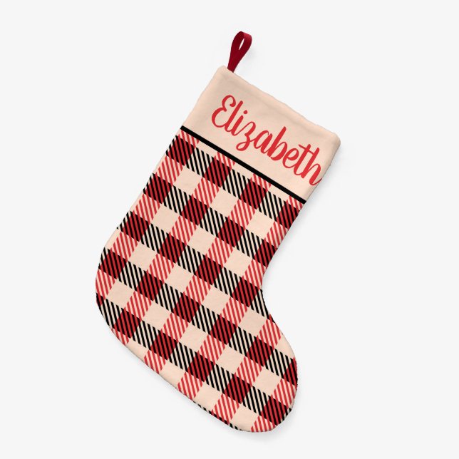 Red and Black Buffalo Plaid with Name Small Christmas Stocking (Front (Hanging))