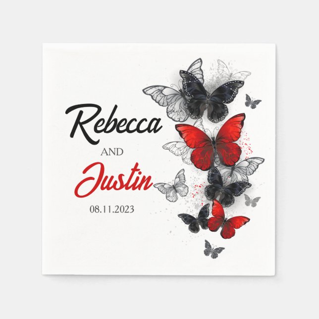 Red and Black butterflies Modern Boho Napkins (Front)