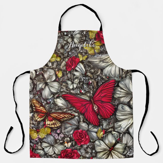 Red and Black Butterflies Personalised Name Apron (Front)