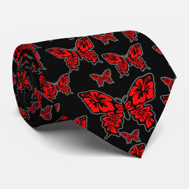 Red and Black Butterfly on Black Tie (Rolled)