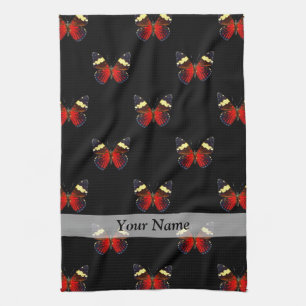 Red and black butterfly pattern tea towel