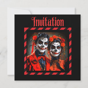 Red and black Caricature Dia de los Muertos couple