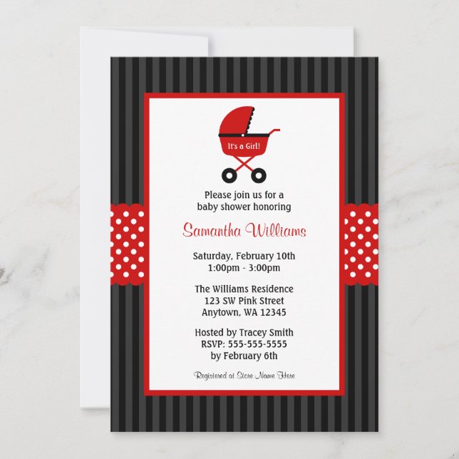 Red and Black Carriage Striped Dots Baby Shower Invitation (Front)