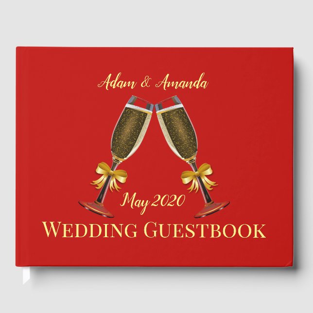 Red and black champagne glasses wedding guest book (Front)