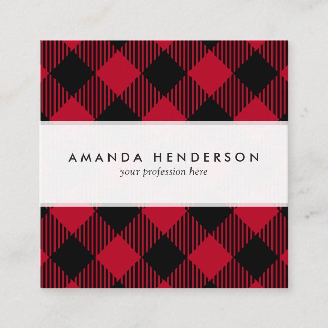 Red And Black Check Buffalo Plaid Pattern Square Business Card (Front)