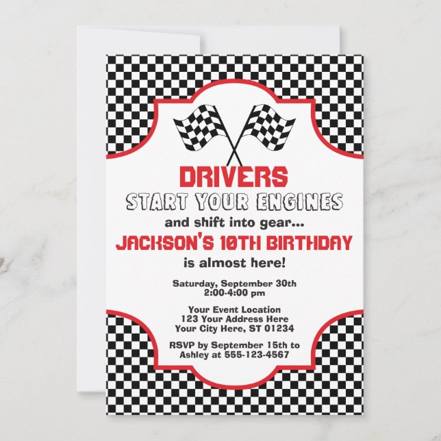 Red and Black Chequered Racing Birthday Invitation (Front)