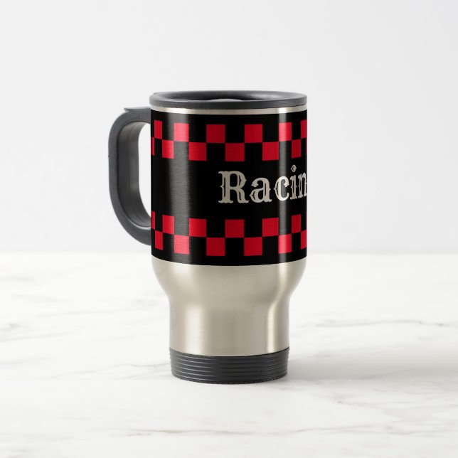 Red and Black Chequered Racing Travel Mug (Front Left)