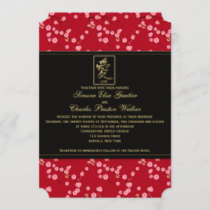 Red and Black Cherry Blossoms Wedding Invitation