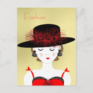 Red and Black Chic Fashion Lady Illustration Postcard