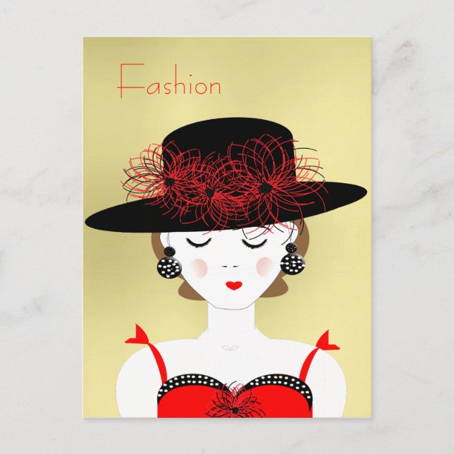 Red and Black Chic Fashion Lady Illustration Postcard (Front)