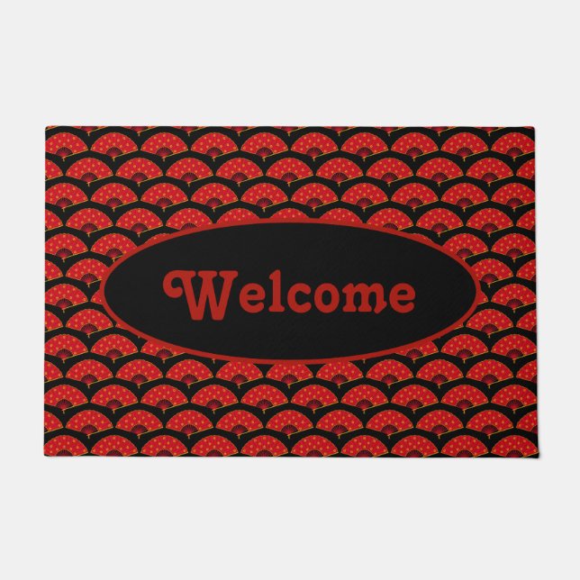 Red and Black Chinese Dance Fans Asian Restaurant Doormat (Front)