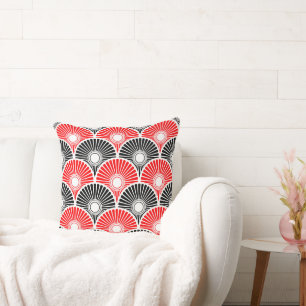 Red and Black Chinese Semi Circle Wave pattern Cushion