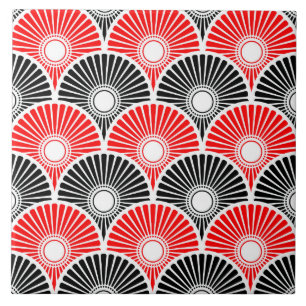Red and Black Chinese Semi Circle Wave Pattern  Tile
