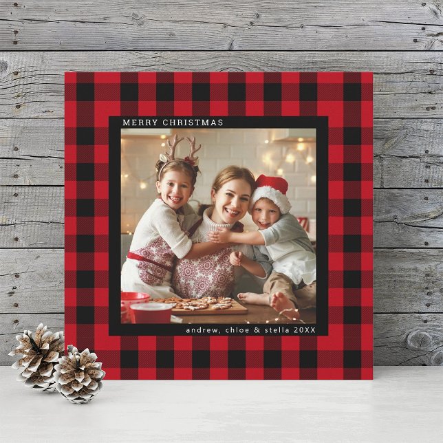 Red and Black Christmas Plaid Photo Square Holiday Card (Creator Uploaded)