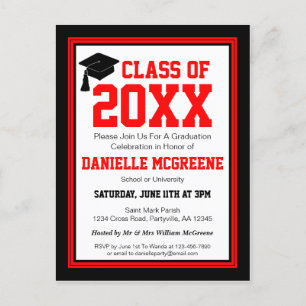 Red and Black Class Year Graduation Party Invitation Postcard