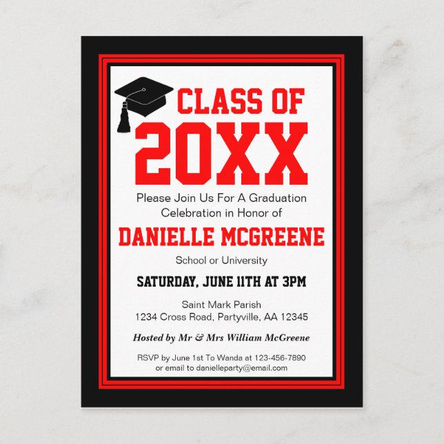 Red and Black Class Year Graduation Party Invitation Postcard (Front)