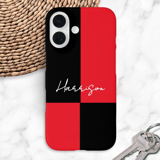 Red and Black Colour Block Minimal Personalised Case-Mate iPhone Case (A red and black color block phone case, personalized with a name in elegant script typography)
