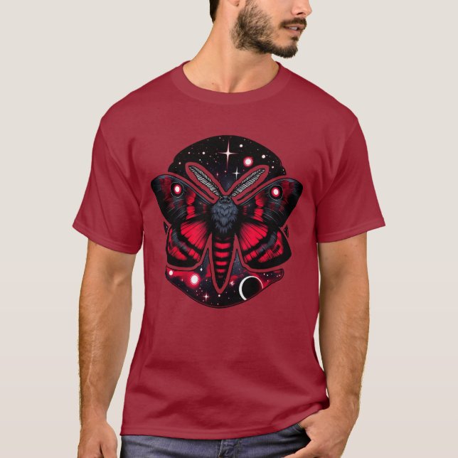 Red and Black Cosmic Moth - Celestial Mystical T-Shirt (Front)