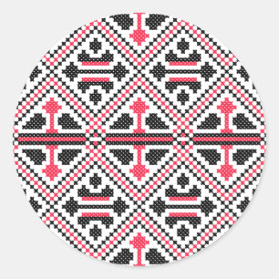 Red and Black cross-stitch Retro Pattern Classic Round Sticker