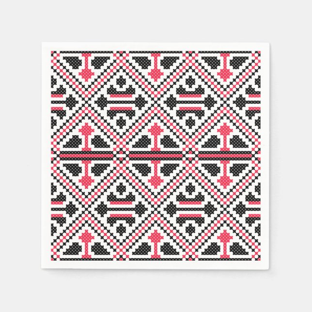 Red and Black cross-stitch Retro Pattern Napkin (Front)